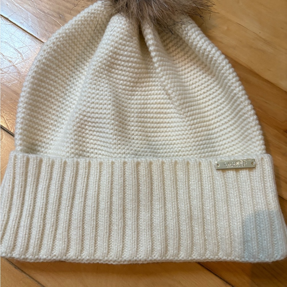 Ralph Lauren Cozy Cream Knit Beanie with Pom Pom